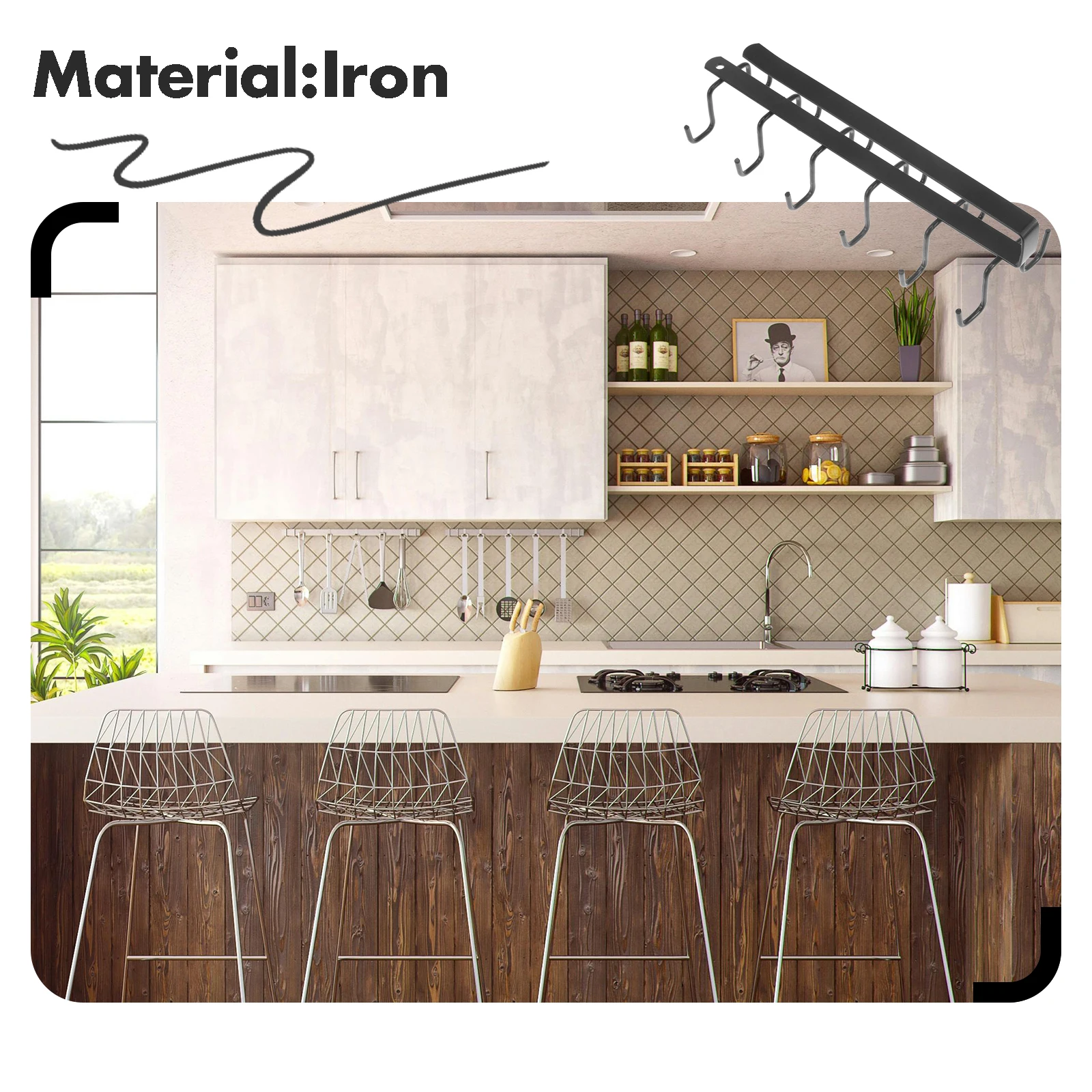 

Black Iron Kitchen Cabinet Hooks Under Shelf Hanger Mug Rack Coffee Cup Organizer Storage Wall Mount Hanging Rack Durability