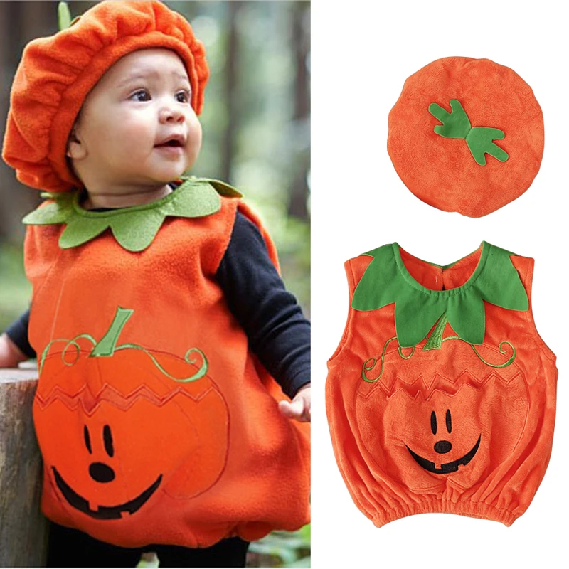 

Boys and girls European and American summer Halloween sleeveless pumpkin shape pocket top + hat two-piece children's clothin