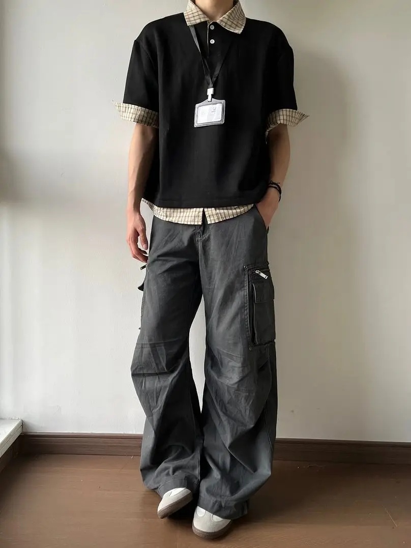 American High Street Vibe Vintage Folded Multi Pocket Grey Work Pants Men Loose Straight Leg Wide Leg Casual Trousers Trendy