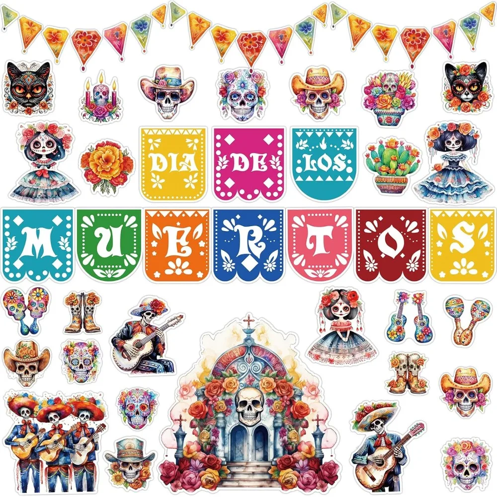 

Набор досок объявлений в день мертвых для украшения класса Dia de los muertos, вырезы сахарного черепа для школы, стены классной доски