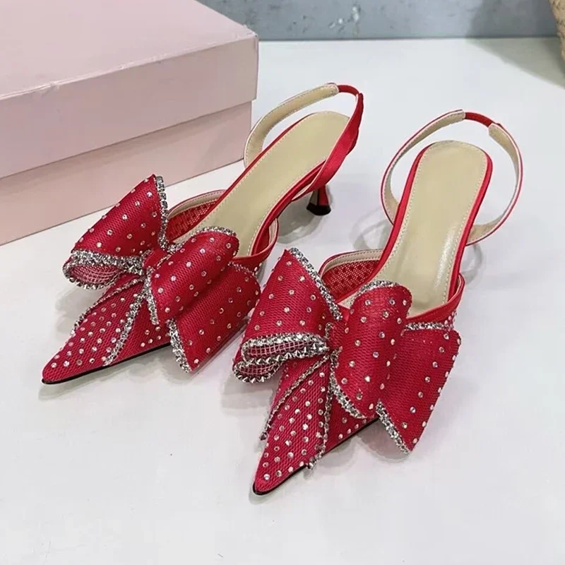 

High Heeled Sandals Women's Lace Bow Sparkling Rhinestone Decoration Pointed Toe Sandaials Summer Sweet Banquet Dress Shoes