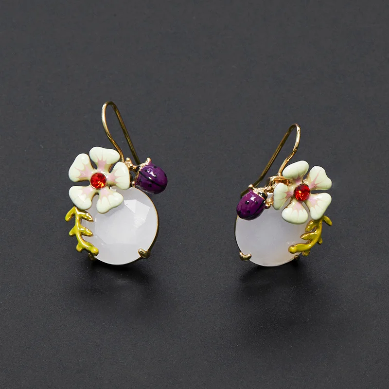 Fairy Niche Fashion Forest Temperament Enamel Flower White Opal Resin Purple Ladybug White Jade Earrings Ear Hanging for Women