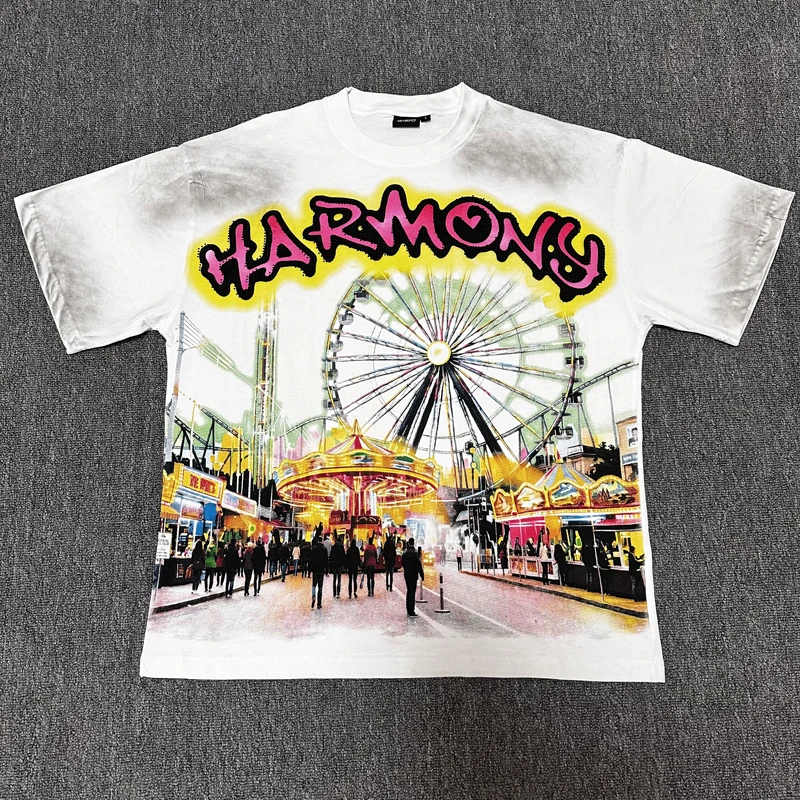 American Style Real Photo HARMONY Short Sleeve Ferris Wheel Carnival Print Rhinestone Washed Oversized Vintage Street T-Shirt