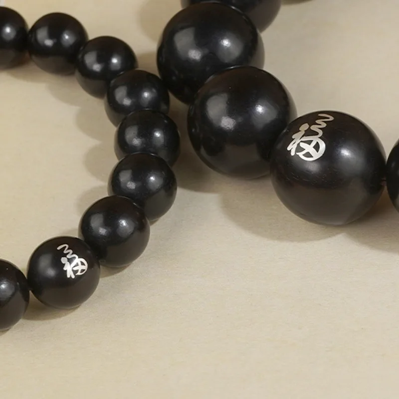 خشب الأبنوس الطبيعي مرصع بقطعة فضية من نص شخصية محظوظة سوار لعب خشب الصندل الأرجواني خرز بوذا على الوجهين