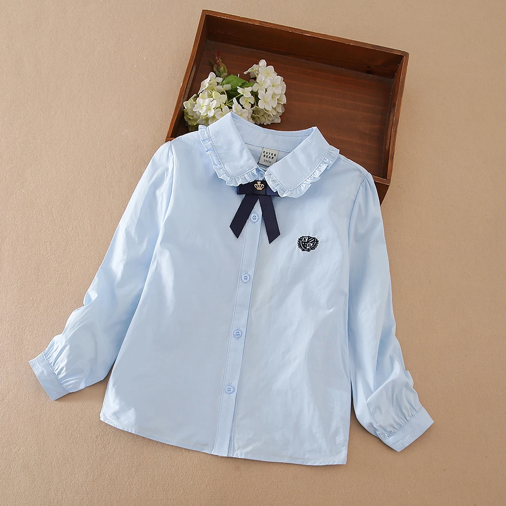 Mädchen Rüschenkragen-Hemd 5-12 Jahre Langarm 100% Baumwolle Kinder Schuluniform Bluse Polyester Kinder Alltags-Oberteil – Detail 2
