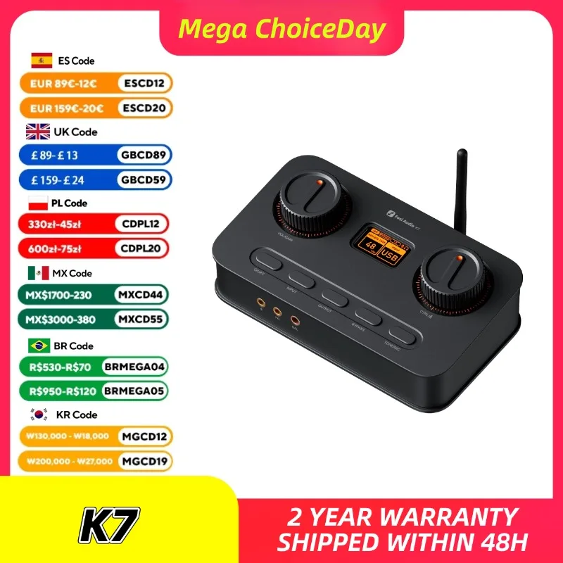 Fosi Audio K7 HiFi DAC e amplificador de fone de ouvido, chip AKM4493ESQ DAC, PCM 384kHz/32Bit e DSD256, entrada de microfone USB Audio DAC para jogos
