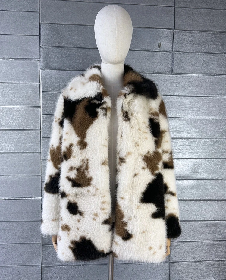 

Tagkita Youth Faion Long Sve Flap Collar Cow Patterned Fur Jaet Eco-Friendly Synthetic Leather Medium-Length Coat for ...
