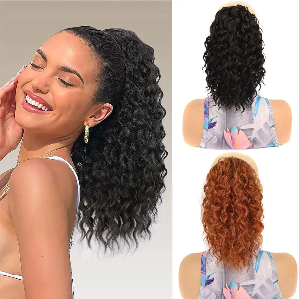 Drawstring Ponytail Loose Deep Curly Ponytail for Black Women 10Inch Synthetic Hairpieces Clip in Jerry Curls Ponytail Extension