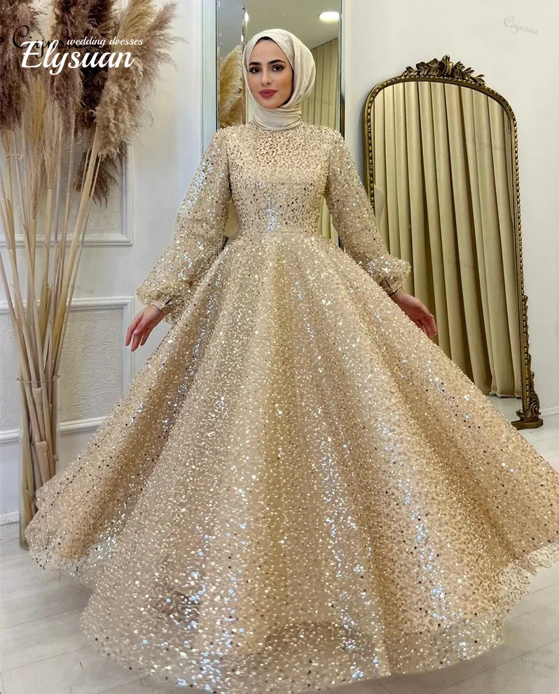 Блестящие мусульманские вечерние платья по индивидуальному заказу длиной до пола, кружевной кафтан с пышными рукавами и бисером, вечернее платье для свадебной вечеринки для женщин с высоким вырезом