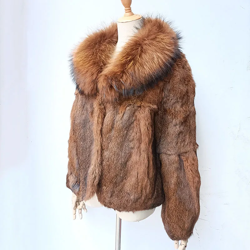 2023 Winter Real Rabbit Fur Coat With Raccoon Fur Collar Fashion Genuine Fur Jacket Long Sleeve Warm Real Fur Outwear