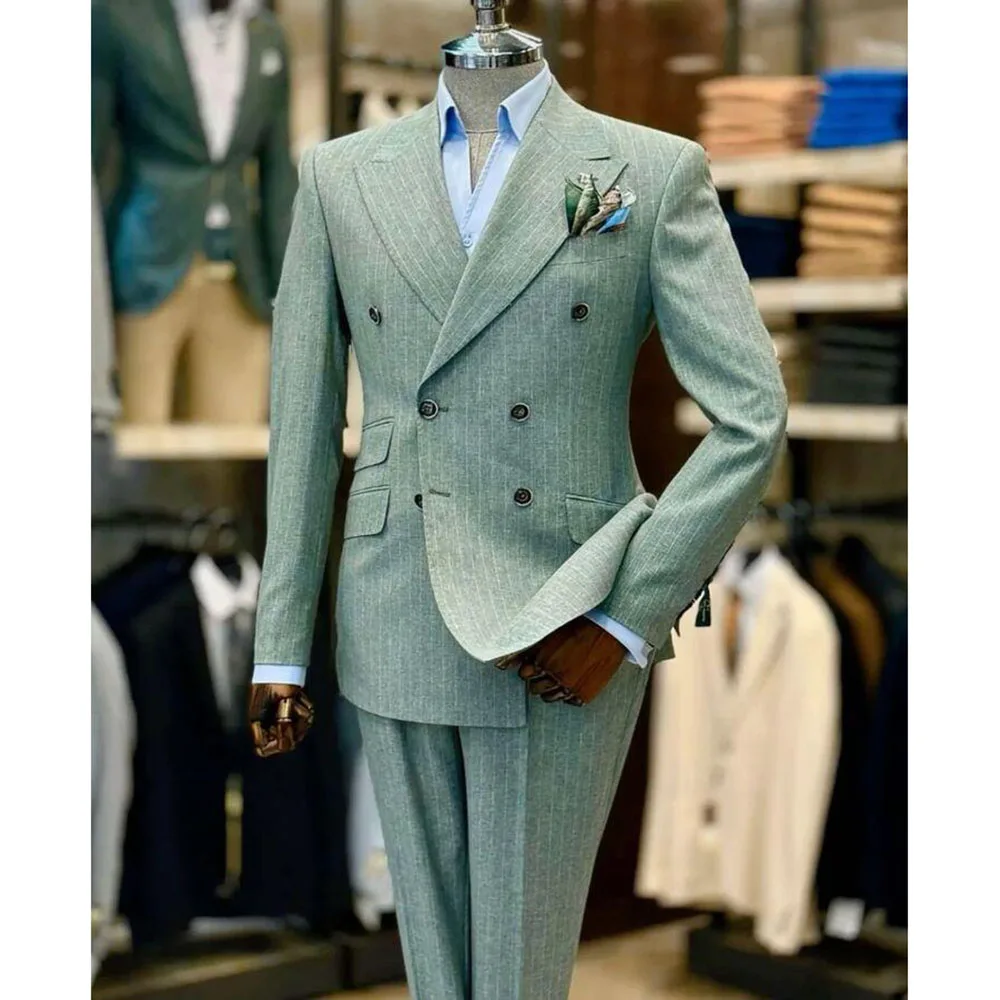Green Stripe Men Suits High Quality Formal Occasion Double Breasted Special Custome Peak Lapel Male Clothing Fashion 2025