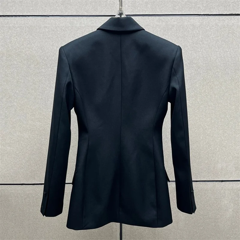 

Women's jacket Winter 2025 new satin patchwork lapel long sleeved top Double breasted slim fit women's suit jacket women's coat