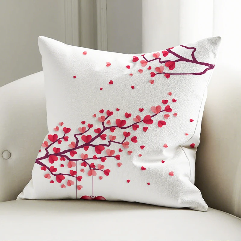 

Red Heart Tree Pillow Case White Cushion Cover Soft Decor for Sofa Bedroom Romantic Decorative Throw Pillowcase