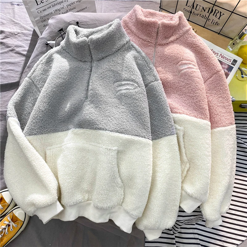 Women\'s Stand Collar Fleece Pullovers Contrast Color Patchwork Loose Lambswool Thick Sweatshirts Fall Winter Warm Tops