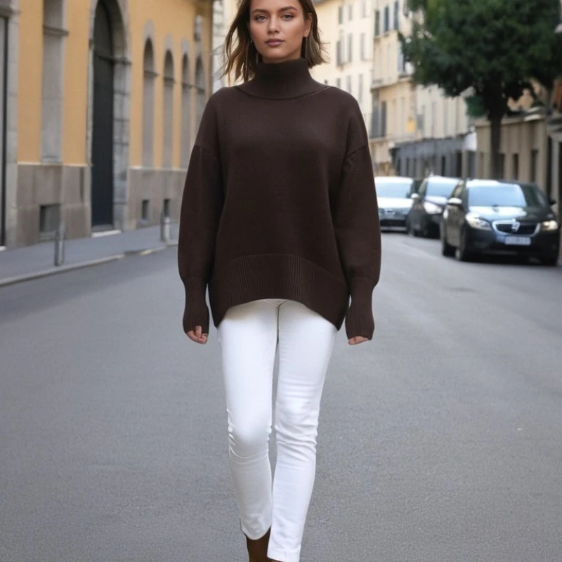 Grenzüberschreitende Damenbekleidung Neuer beliebter Pullover Europäischer und amerikanischer lockerer Halb-Rollkragenpullover für Herbst und Winter