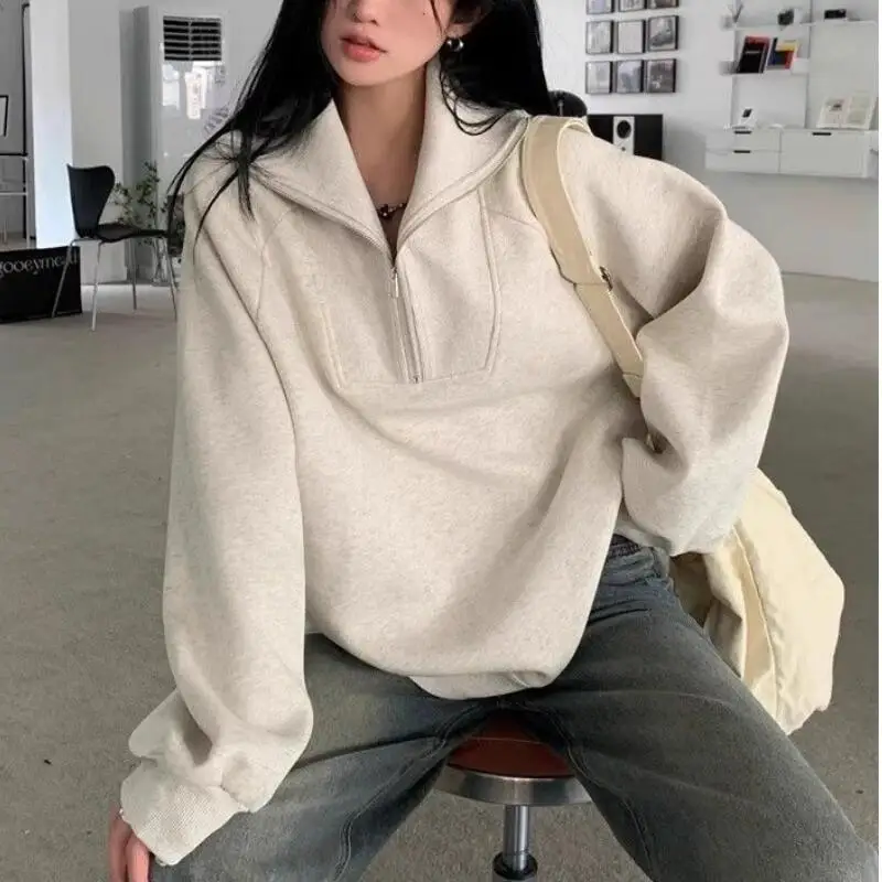 

Модная женская толстовка-поло с воротником на молнии, хлопковая, на раннюю весну, свободного кроя, однотонная, тонкая, в американском стиле