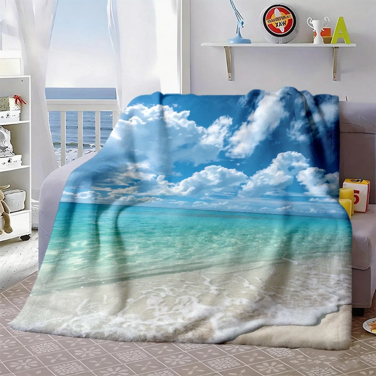 Seaside Beach Ocean View Flannel Blanket, Tropical Coast Seascape Art Throw for Living Room Bedroom & Warm Holiday Gift Picks