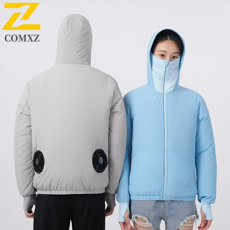 ฤดูร้อนพัดลมตกปลาเสื้อแจ็คเก็ตน้ําแข็งผู้ชายครีมกันแดด Coat เครื่องปรับอากาศเครื่องทําความเย็นเสื้อผ้าคู่อเนกประสงค์ Cooling Windbreaker