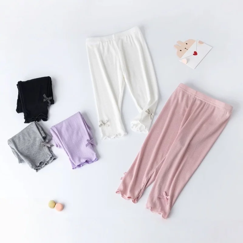 

2026 Summer Kids Cute Seven Point Leggings 3-10Y Girls Solid Color Bow Waist Elastic Breathable Pants Children Clothes