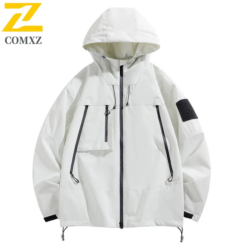 سترة COMXZ للرجال لتسلق الجبال، سترة بسيطة بغطاء للرأس مقاومة للرياح في الهواء الطلق، سترات خريفية متينة عصرية للشارع #5