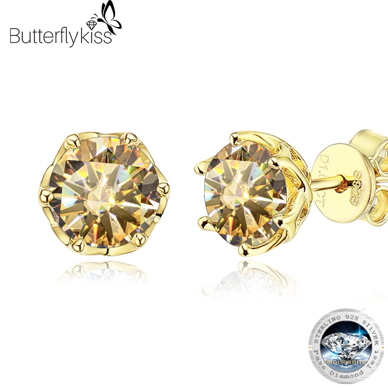 

Butterflykiss S925 Sterling Silver Gold Plated D Color Moissanite Stud Earrings For Women Top Quality Sparkling Wedding Jewelry