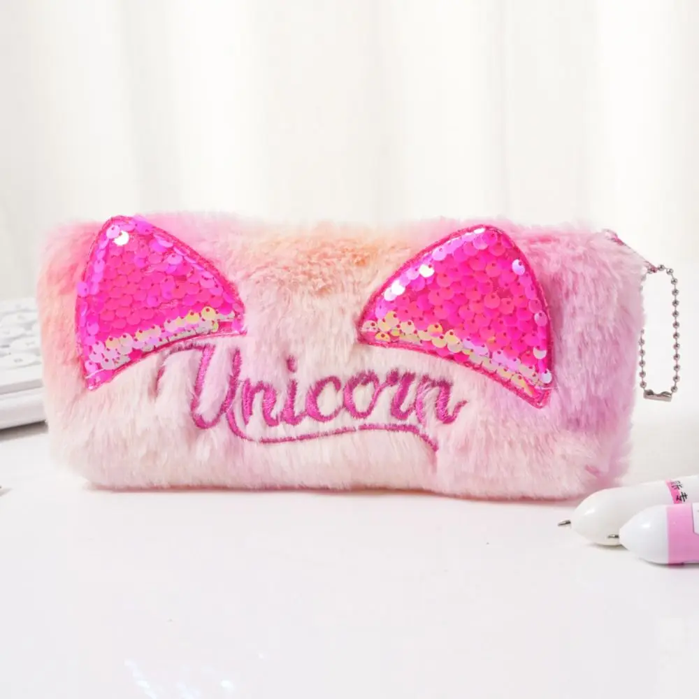 Multifunctional Pen Bag Large Capacity Zipper Deisgn Stationery Bag Glitter Cat Ear Pencil Case Gift