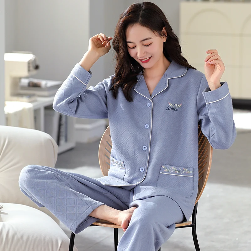 Pijamas intercamadas de algodão fino de três camadas outono e inverno cardigan feminino pijamas inverno todo algodão feminino conjunto de roupas para casa