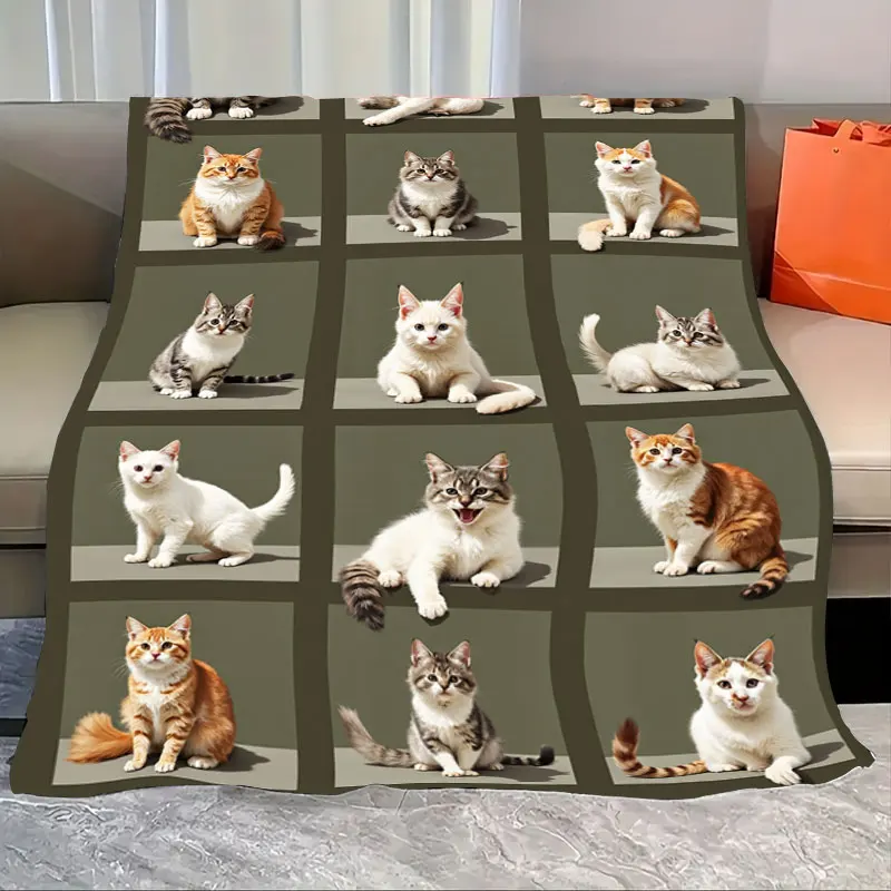 

1pc Flannel Blanket Cute Cat Grid Print Soft Cozy Blanket for Home Decor