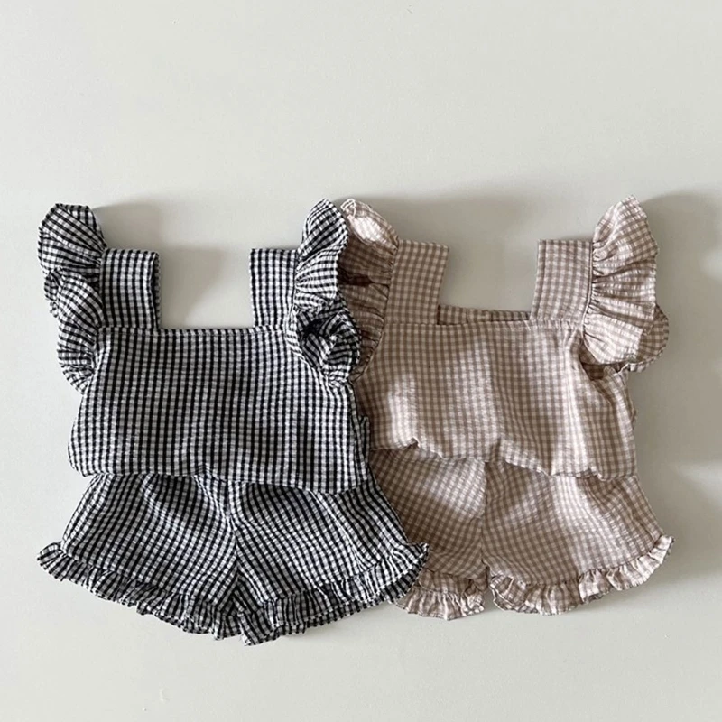 

2022 New Baby Sleeveless T-Shirt Tank Top Shorts Costume Set Organic Cotton Baby Girls Ruffle Plaid Blouse+Bloomer Shorts Suit