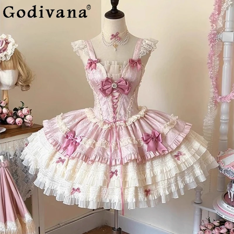 Daily Wear Princess Lolita Dress for Girls Pink Cute Sweet Lolita JSK Dress Women's Sleeveless Birthday Party Mini Dress