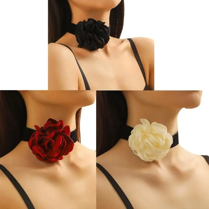 

49MF Lace Up Flower Choker Necklace Choker Rose Choker Women Camellia Choker Goth Choker Gothics Necklace Vintage Chok