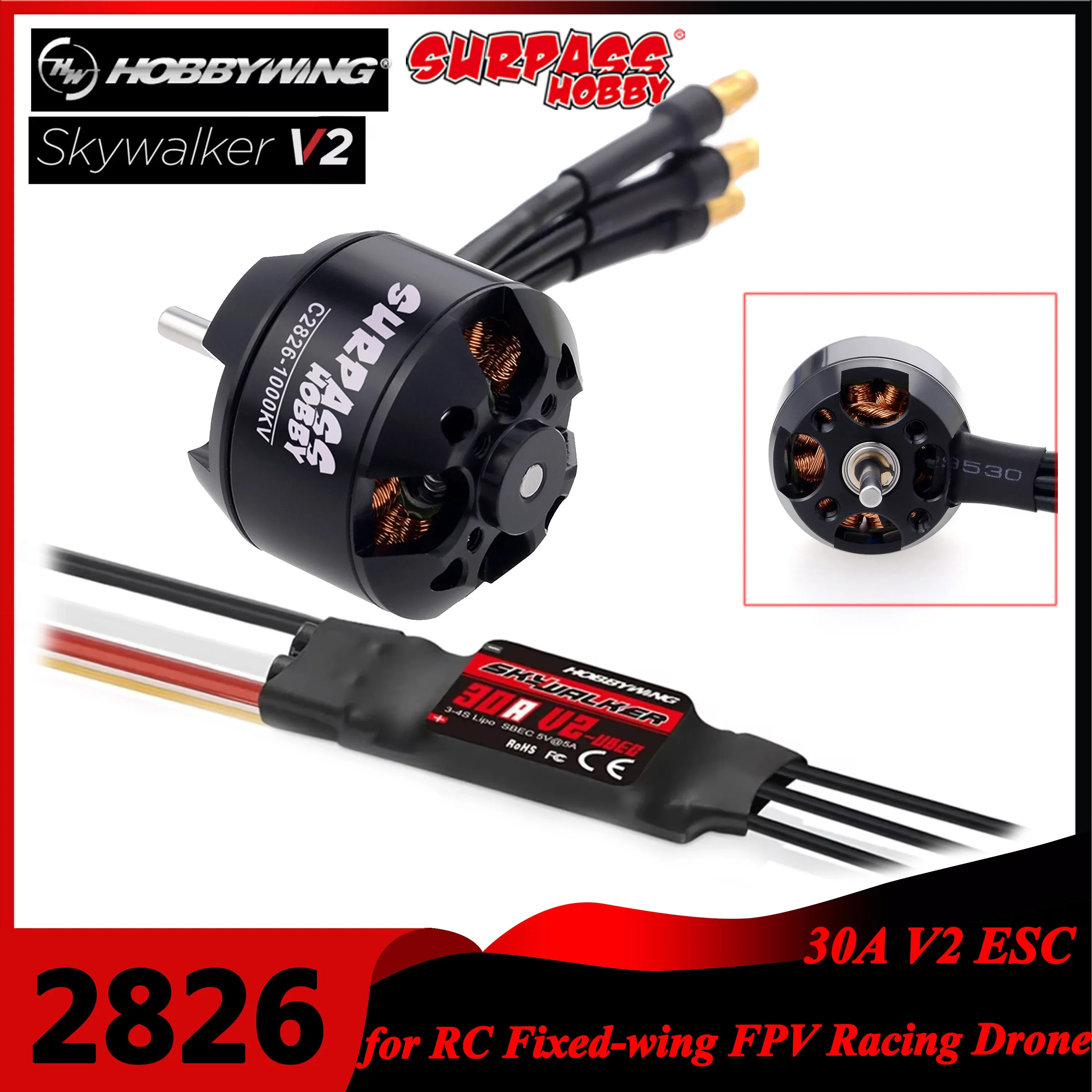 Surpass Hobby 2826 1000KV 1350KV 1900KV Brushless Motor and Hobbywing 30A V2 ESC for RC Fixed-wing Airplane FPV Racing Drone