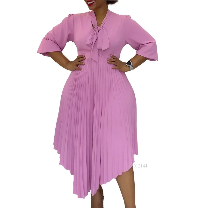 

Dashiki African Dresses for Women Autumn Elegant African 3/4 Sleeve V-neck Polyester Pleat Long Dress Outfits Africa Clothing