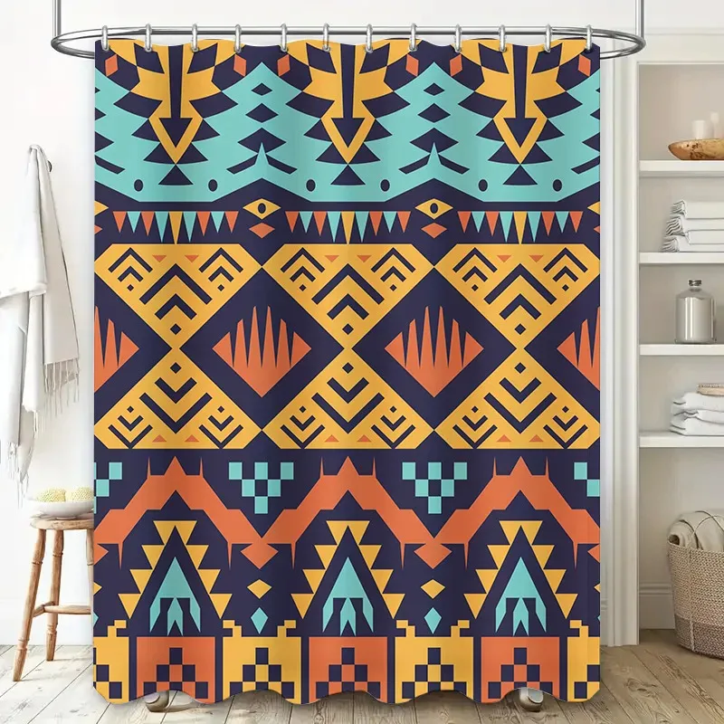 

ZHL22Modern Geometric Bathroom Decor Shower Curtain Set with Orange Blue Yellow Design Waterproof Fabric for Bathrooms Kitch2Ol%