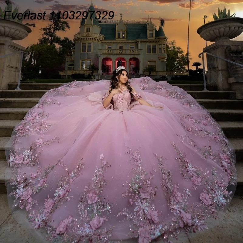 Evlast Mexiko glänzend rosa Quince anera Kleid Ballkleid 3d Blumen applikation Perlen Kristall Tüll süß 15 Vestido de 15 Anos tqd581