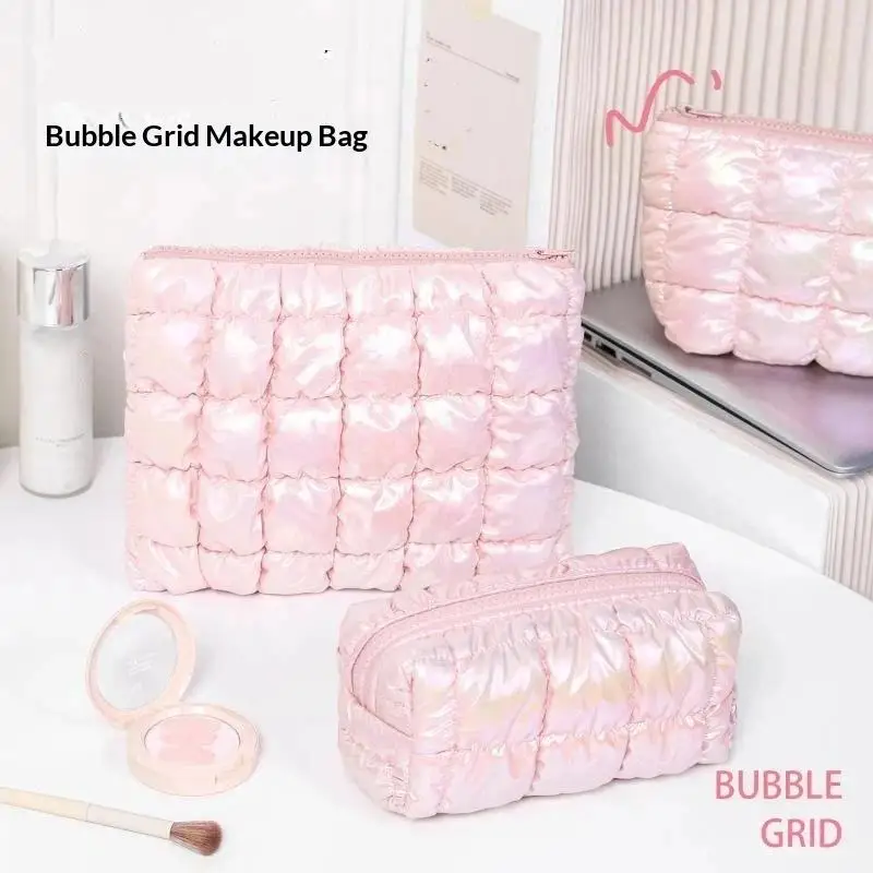 New！Iridescent Pink Puffy Makeup Bag With Bubble Grid Design Large Capacity For Travel Daily Cosmetic Storage