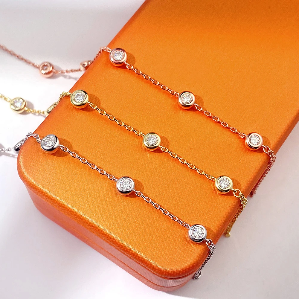 EWYA 3mm Round Bezel Moissanite Bracelets for Women 14-21cm Adjustable Chain GRA Certified S925 Silver Diamond Bubble Bracelet