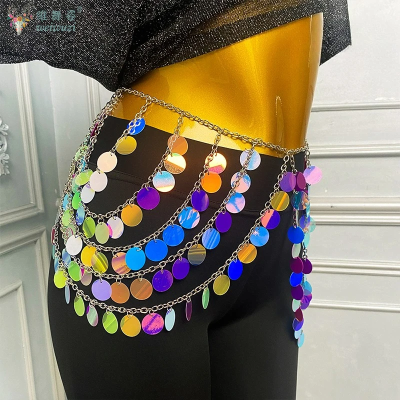 

Belly Dance Performance Accessories Women's Sequins Colourful Metal Tassel Waist Chain Adult Oriental Dancing Competition Belt