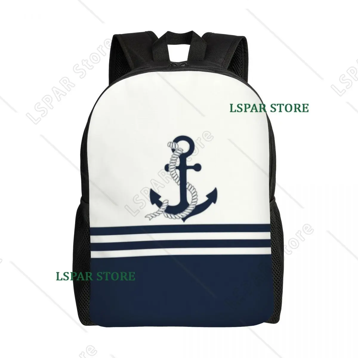Custom Navy Blue Stripes Nautical Anchor Boat Backpacks College School Travel Bags Women Men Bookbag Fits 15 Inch Laptop