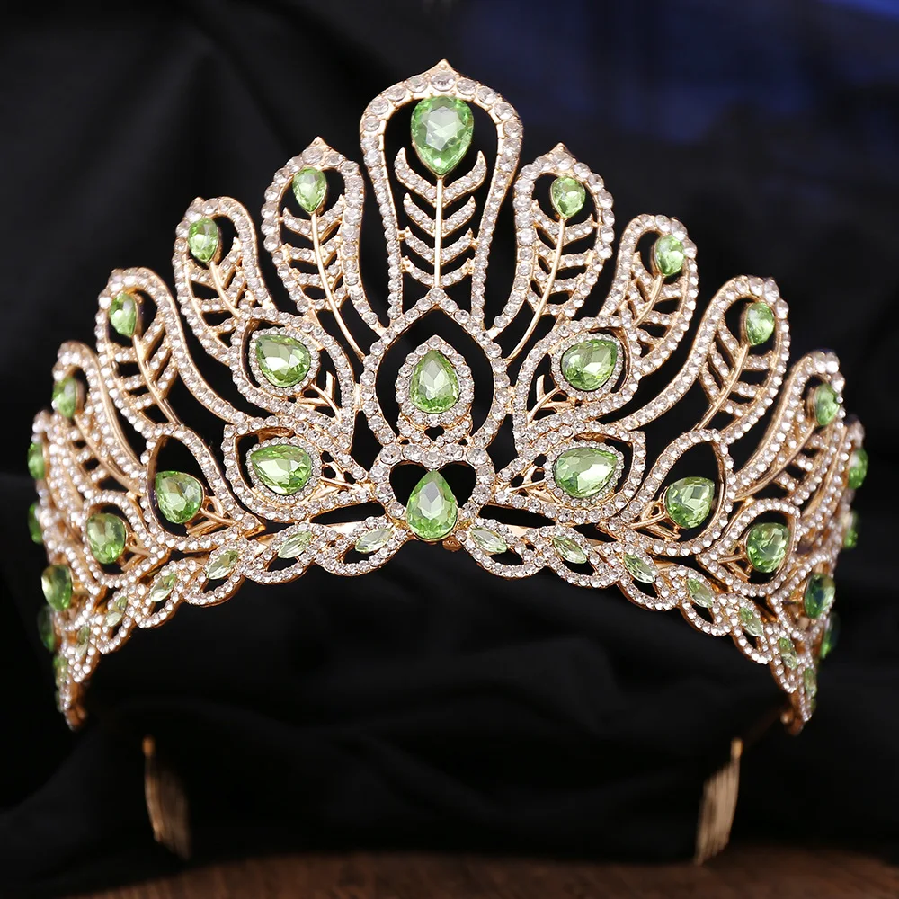 Luxury Royal Queen Rhinestone Wedding Crown Combs for Women Green Crystal Banquet Tiaras Party Costume Hair Jewelry Accessories