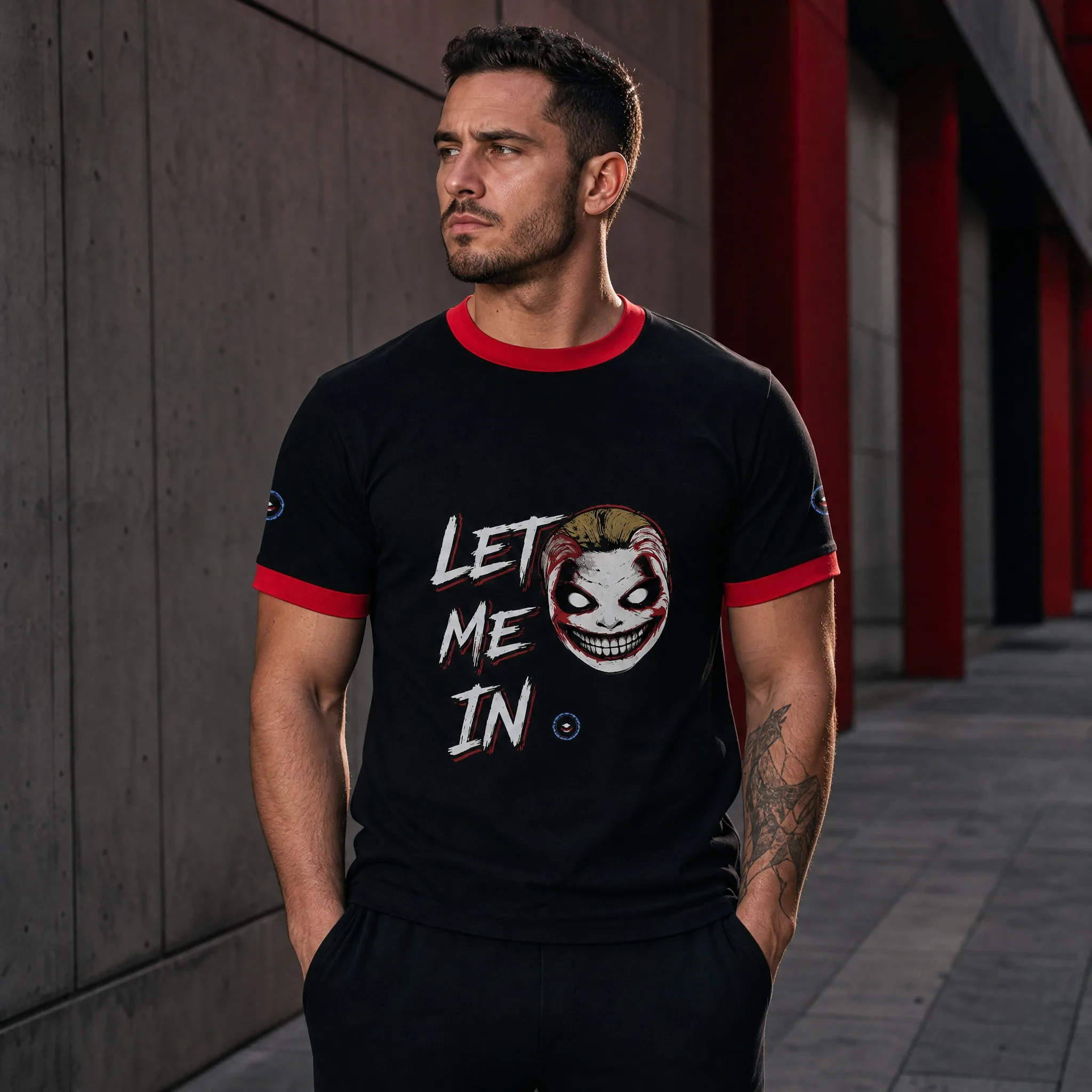Men Let Me In Wrestling T-Shirt Black Red Ringer Clown Face Front Back Print Dark Horror Fan Casual T-Shirt
