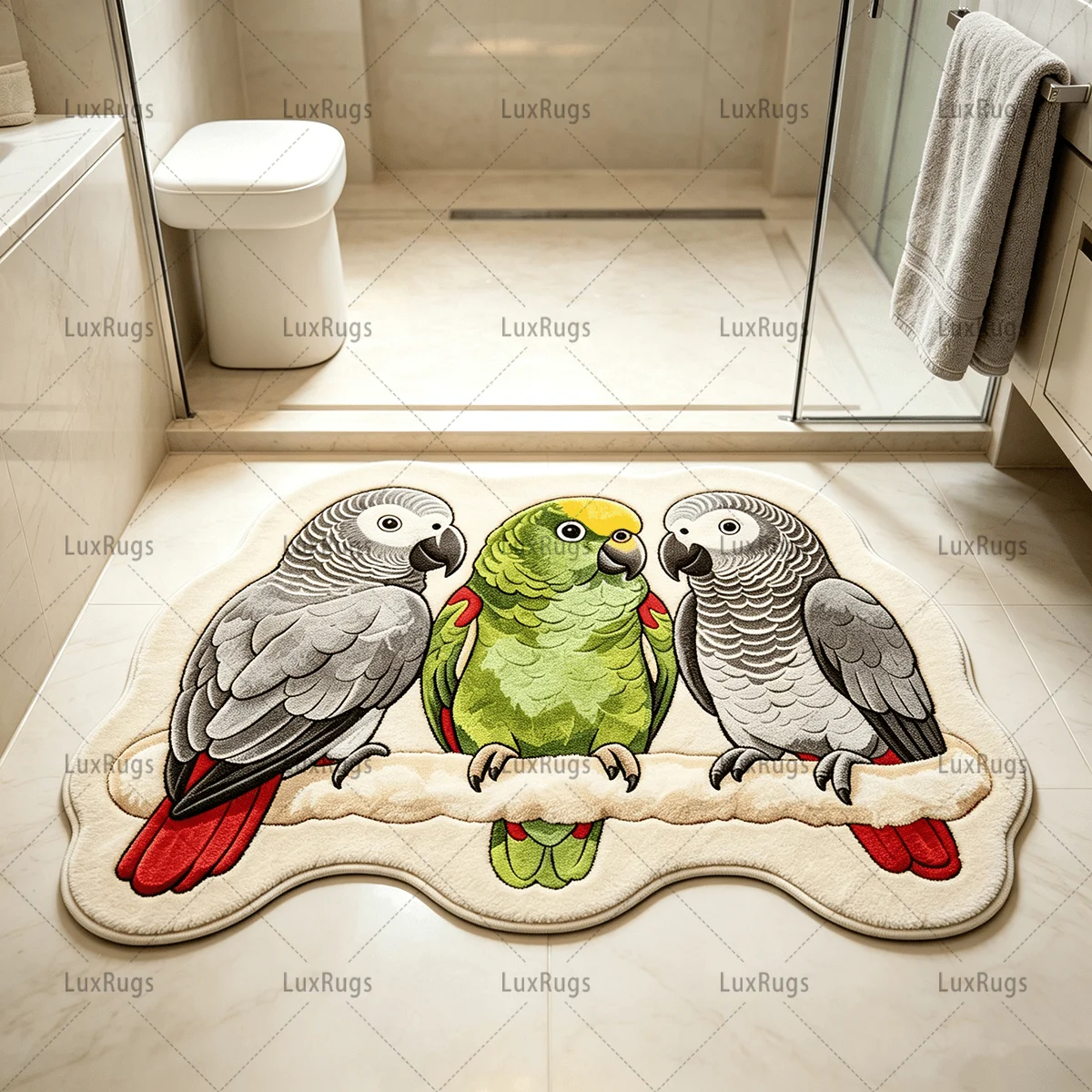 VIKAMA Three Parrots Irregular Rug Grey African Grey Parrot Green Parrot Branch Pattern Non Slip Living Room Decor Floor Mat