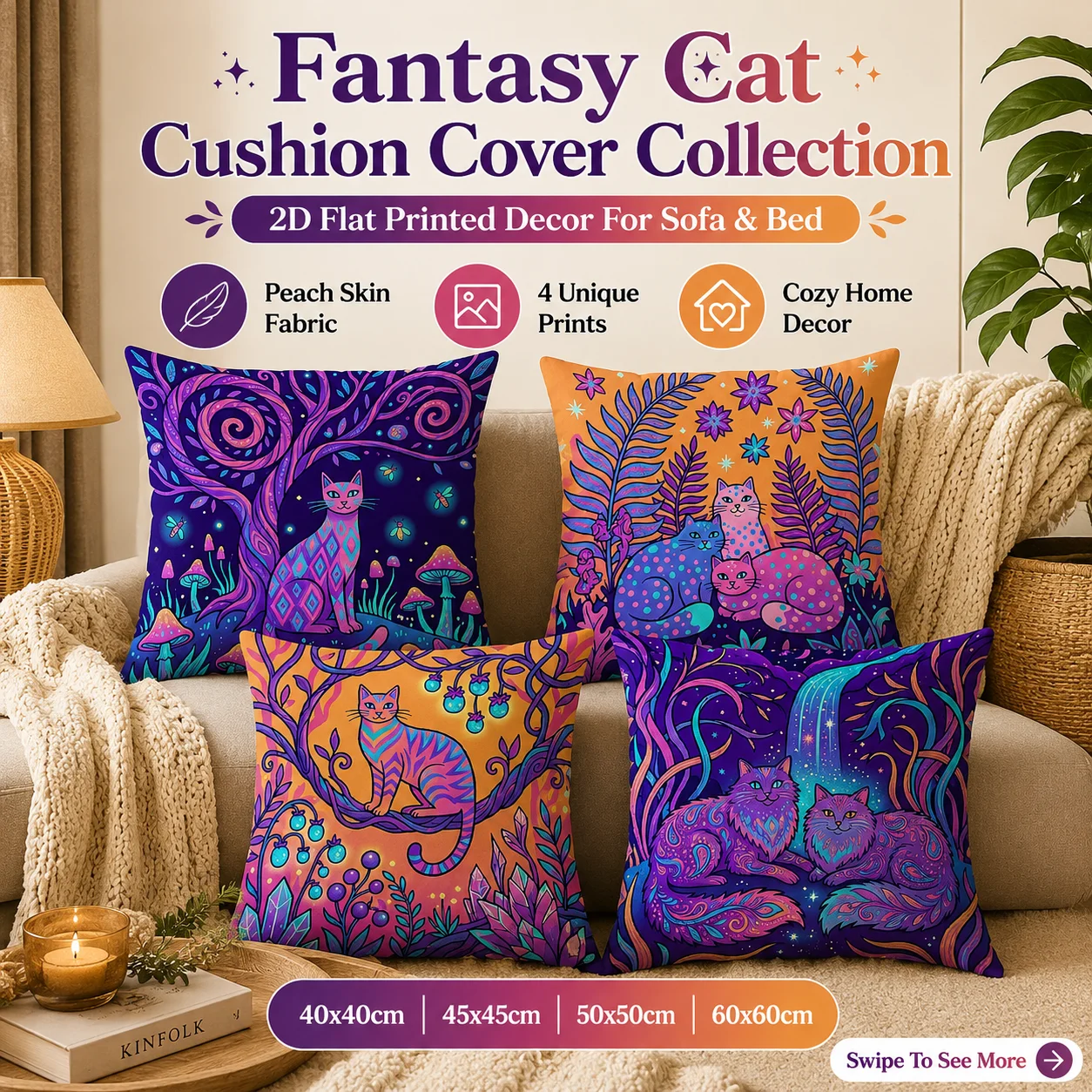 

Fantasy Cat Cushion Cover 2D Flat Printed Peach Skin Pillowcase For Sofa Living Room Decor Psychedelic Mythical Cat Pillow Shell