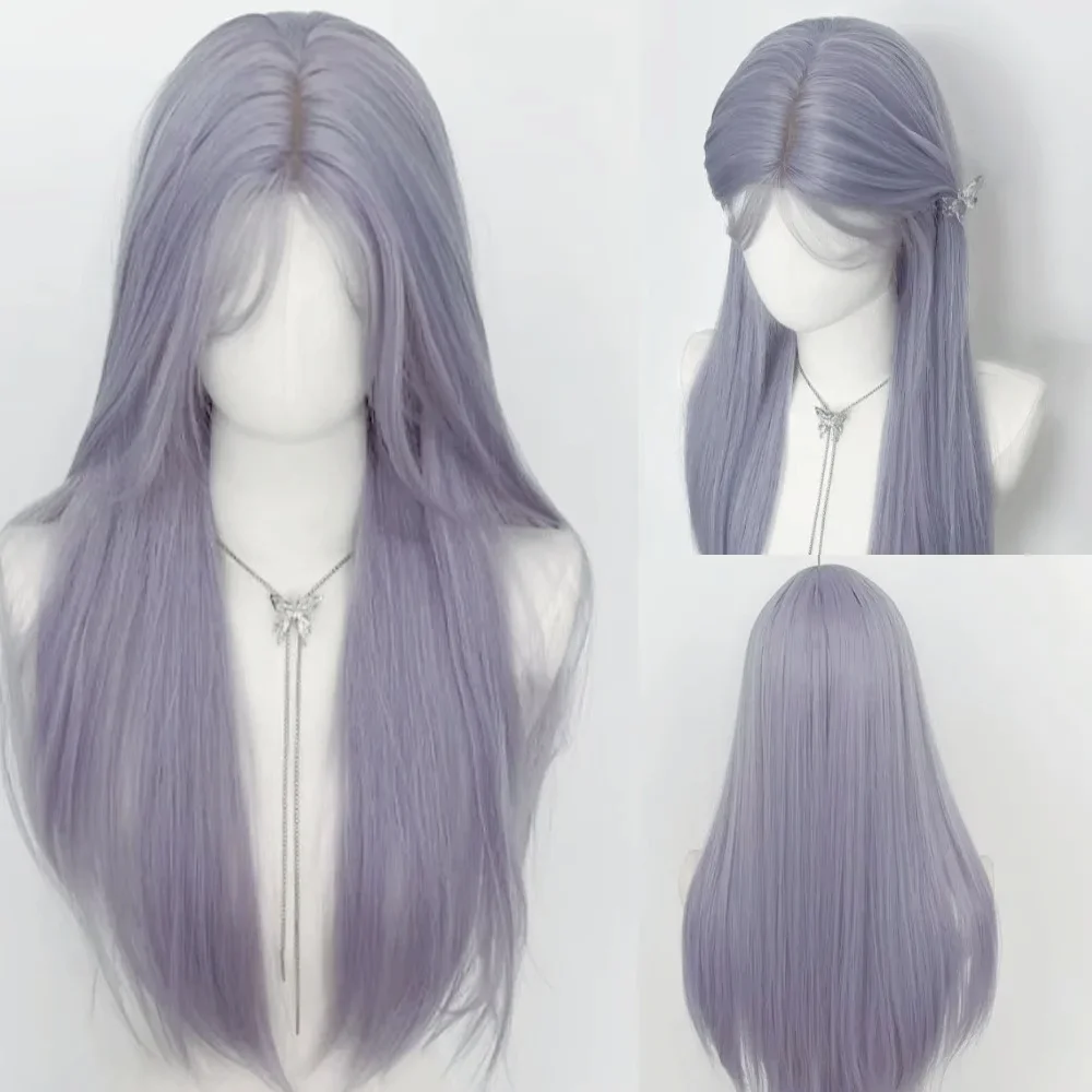 Wig for Women Lace Front Gray Purple Long Straight Hair Lolita Fashion Simulation Natural Headband Synthetic Wigs for Daily Use