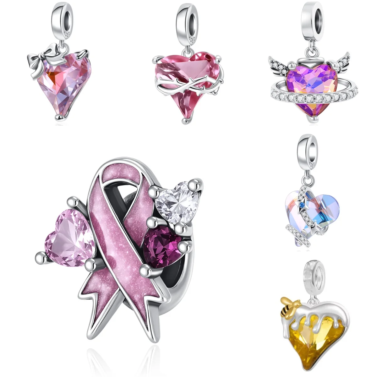 

2026 New 925 silver Heart Crystal Pendant Dangle Charm Bee Wing Bead Fit Original 3mm Bracelet Trinket Jewelry Women Party Gift