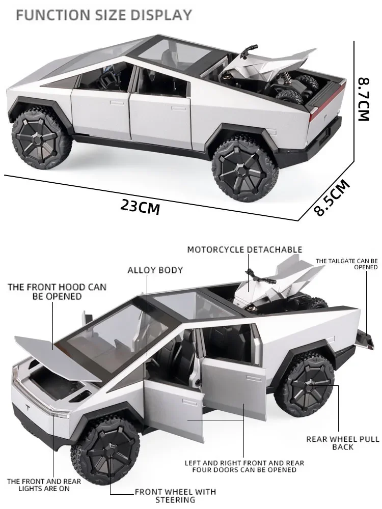 1:24 Tesla Cyberpunk Pickup Truck Model Alloy Symulacja dźwięku i światła Pojazd terenowy Chłopcy Kolekcja Dekoracja