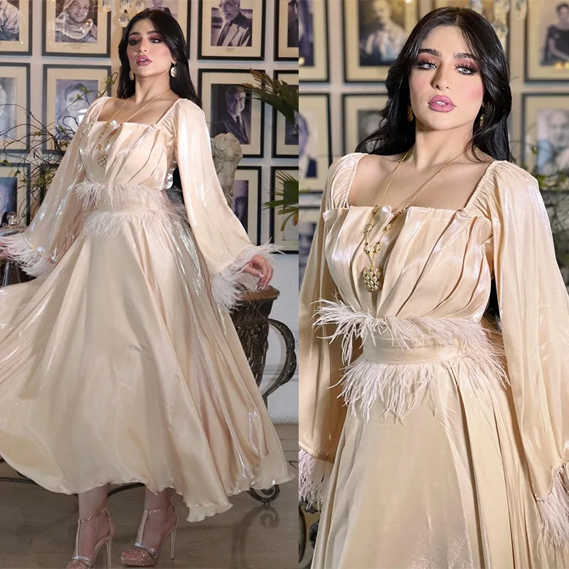 Feather Middle East Evening Dress Turkish Long Dresses Long Sleeves Gracful Woman Arabic Casual Muslim Robe Abaya Autumn