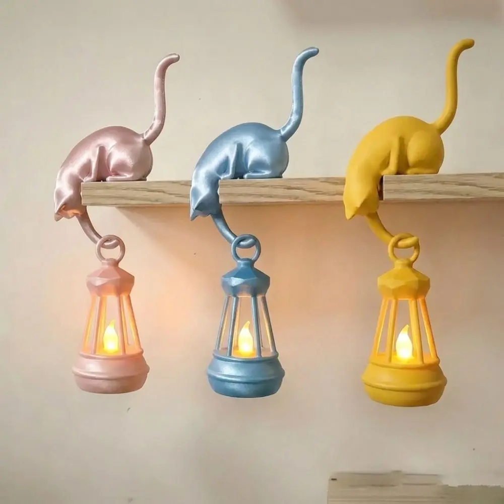 3D Printed Cat Wall Hook Light Cute Figurine with Lantern Cat Shaped Hook Artistic Inverted Cat Key Rack Organizer