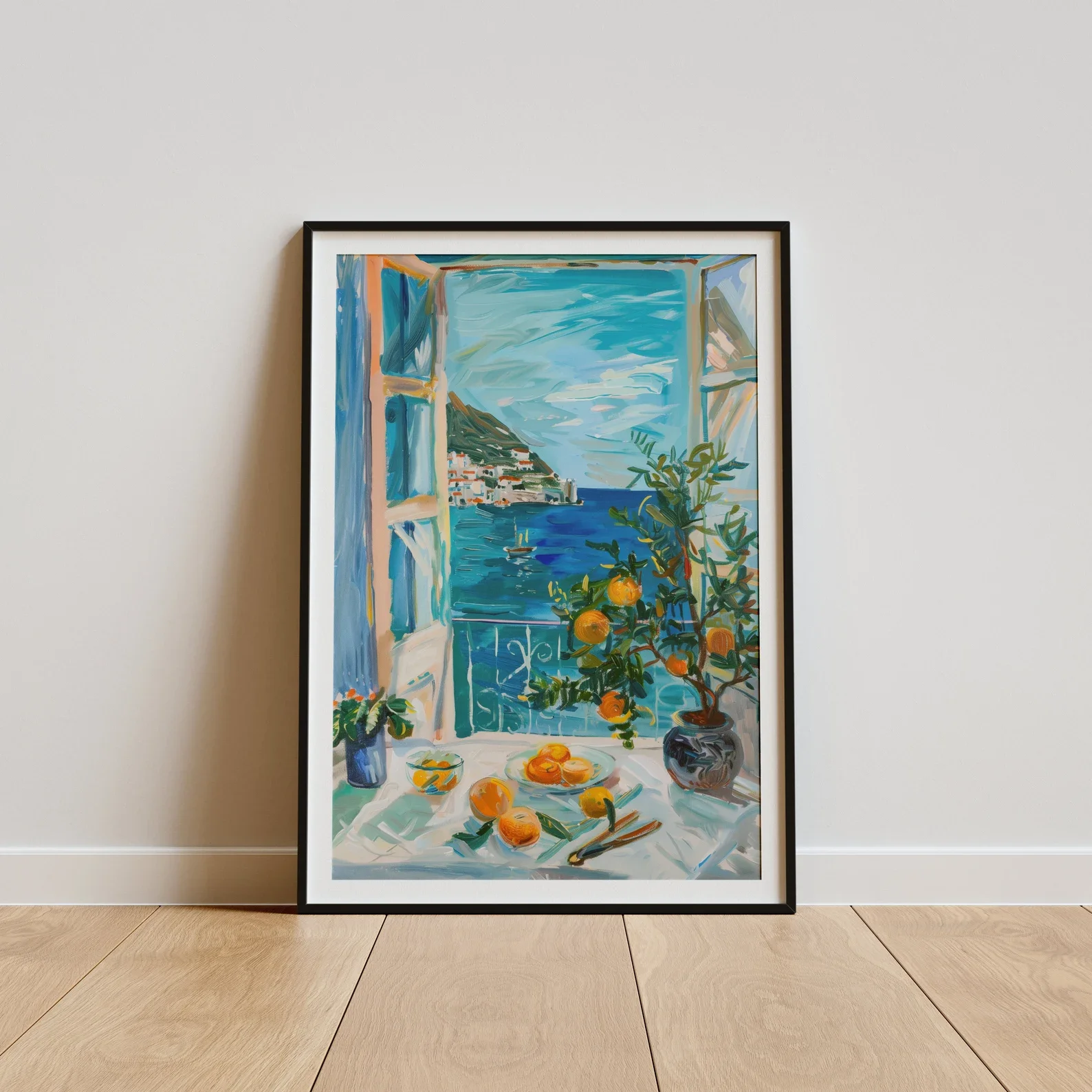 Henri Matisse Poster mit offenem Fenster, Küstenansicht mit Orangen, Kunstdruck, bunte mediterrane Wanddekoration, Fauvismusgemälde, Mati