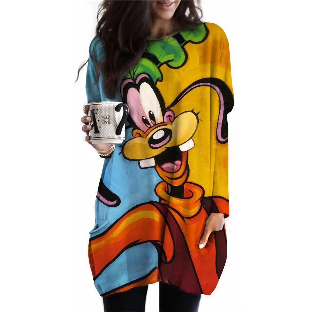 Disney Goofy Harajuku women's clothing oversized pocket T-shirt top round neck casual long sleeved women's fashionable streetwea